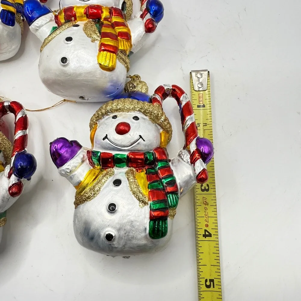 4 Snowman Christmas Ornament Hand-Painted Glitter Candy Cane‎ Retro Holiday
